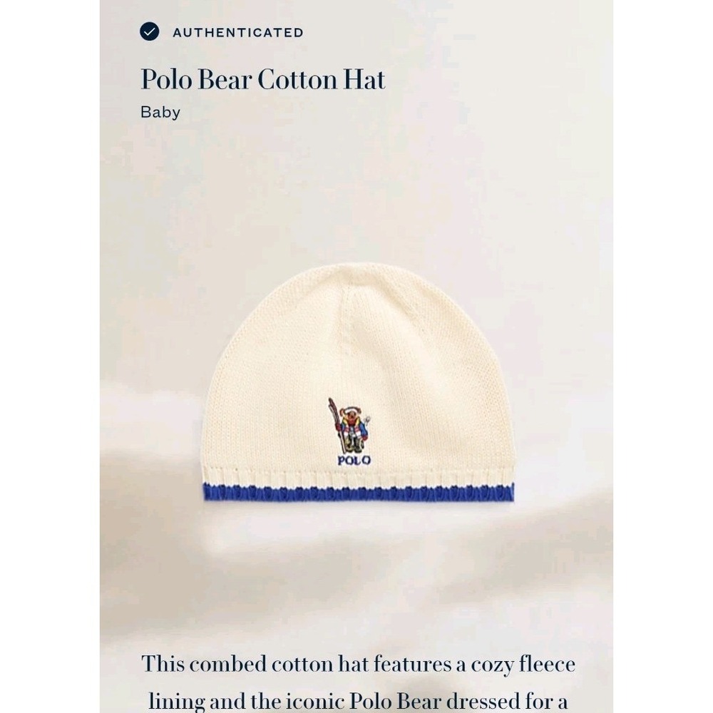 NWT Ralph Lauren Baby Creme Polo Ski Bear Knit Beanie  Hat  Sz. 9M/24M